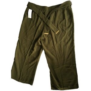 Calvin Klein Pants Women 2XL Olive Green Tie Waist Wide Leg Cropped Culottes NWT